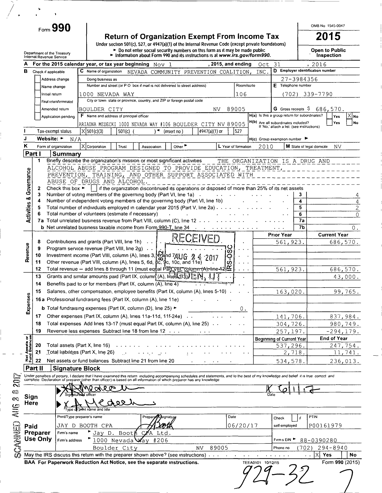 Image of first page of 2015 Form 990 for Nevada Community Prevention Coalition