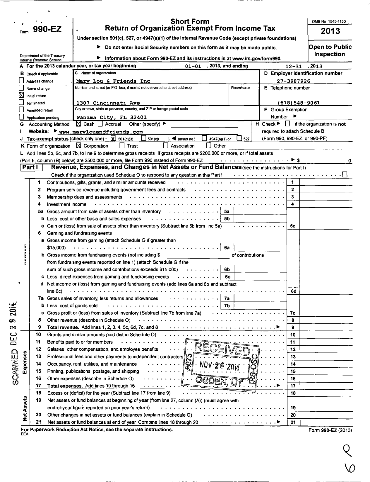 Image of first page of 2013 Form 990EZ for Mary Lou and Friends