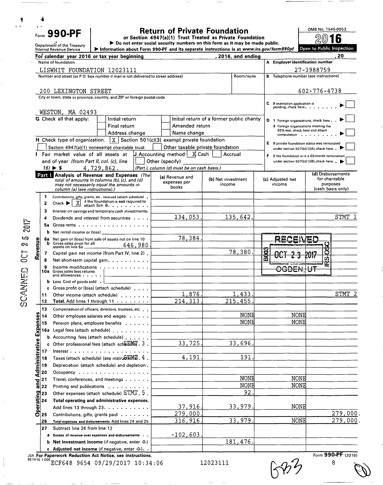 Image of first page of 2016 Form 990PF for Liswhit Foundation - RBC Trust Account