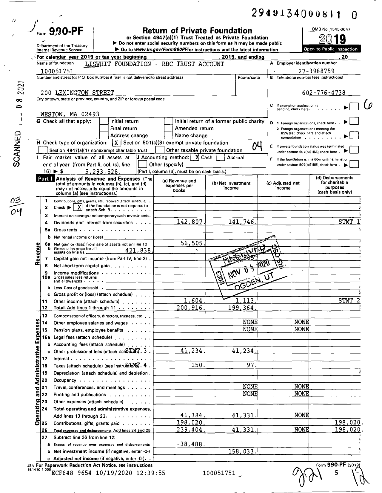Image of first page of 2019 Form 990PF for Liswhit Foundation - RBC Trust Account