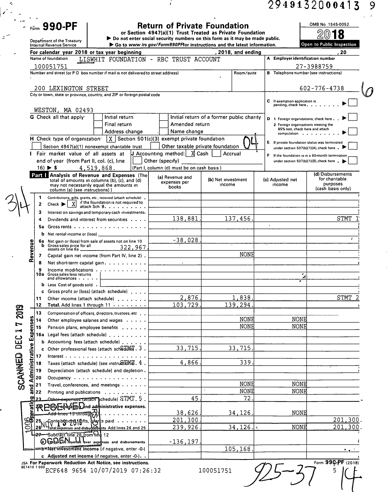 Image of first page of 2018 Form 990PF for Liswhit Foundation - RBC Trust Account