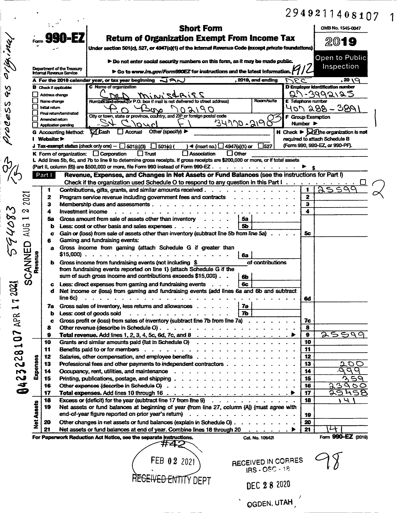 Image of first page of 2019 Form 990EZ for Cord Ministries Incorporated