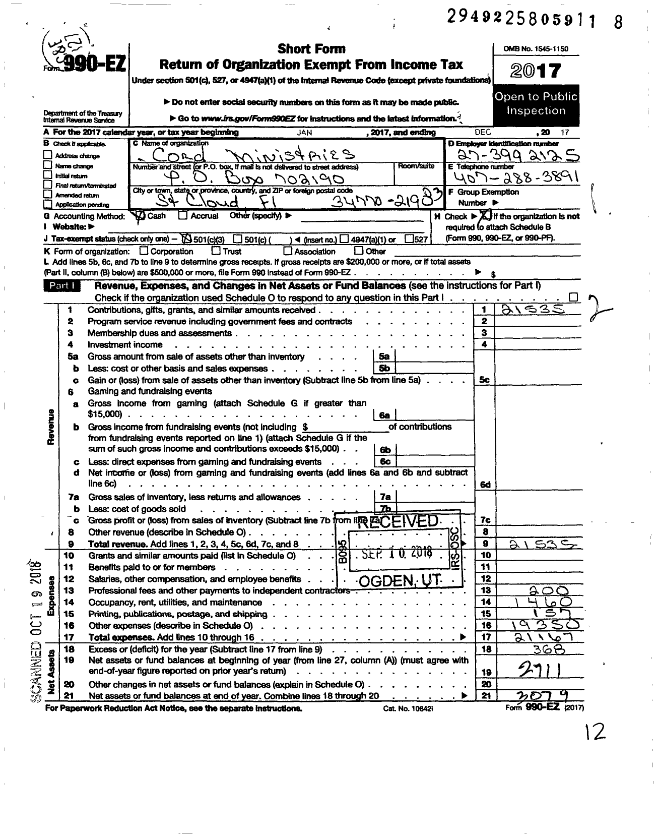 Image of first page of 2017 Form 990EZ for Cord Ministries Incorporated