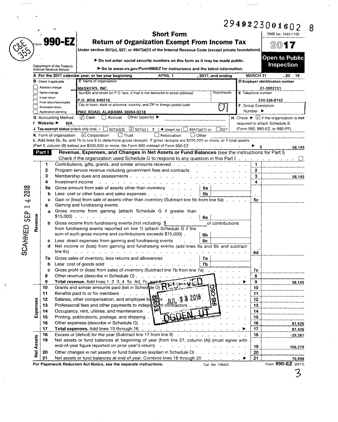 Image of first page of 2017 Form 990EO for Maskers