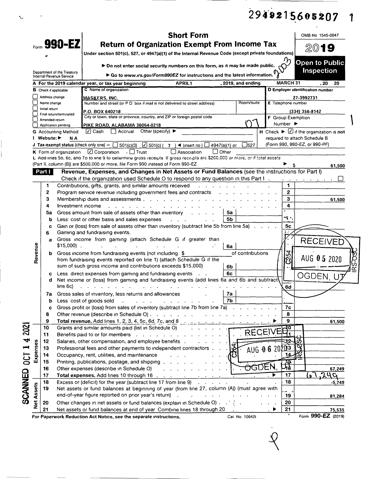 Image of first page of 2019 Form 990EO for Maskers