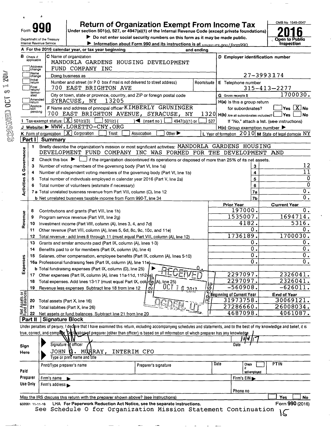 Image of first page of 2016 Form 990 for Mandorla Gardens Housing Development Fund Company