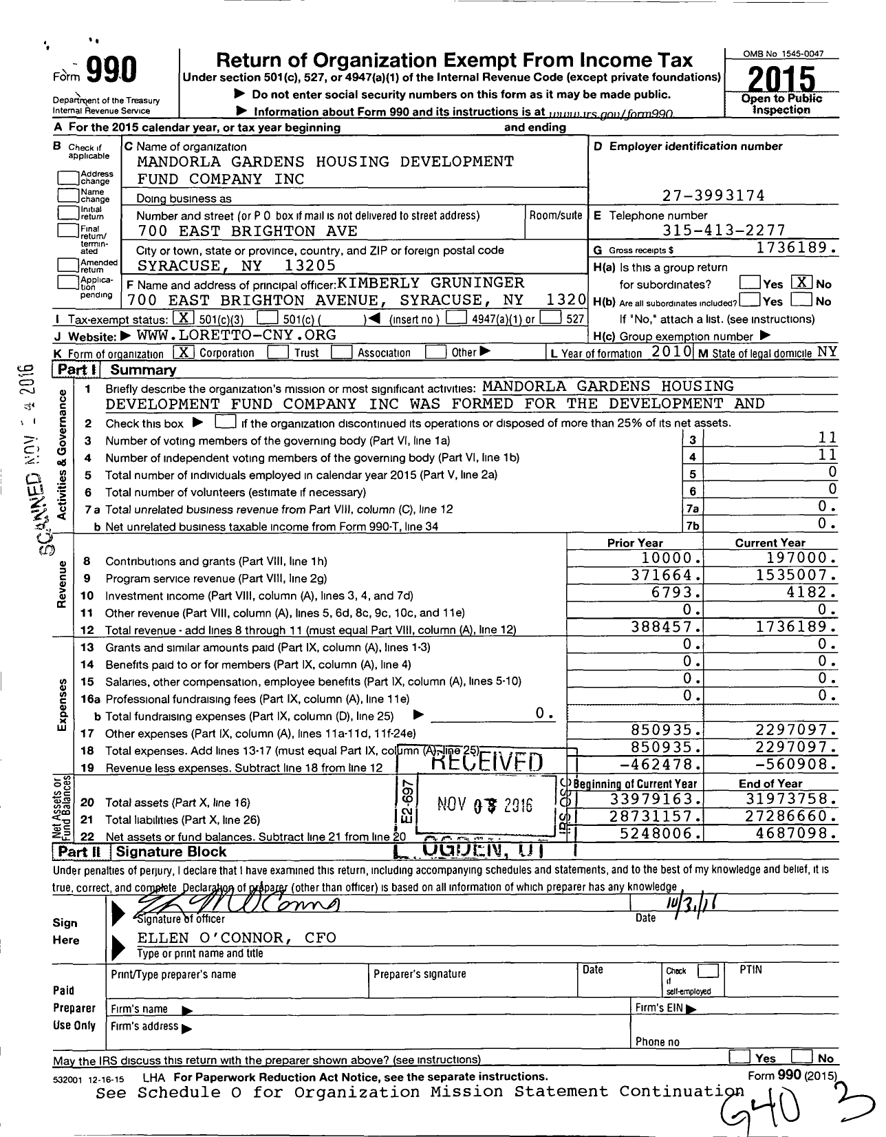 Image of first page of 2015 Form 990 for Mandorla Gardens Housing Development Fund Company