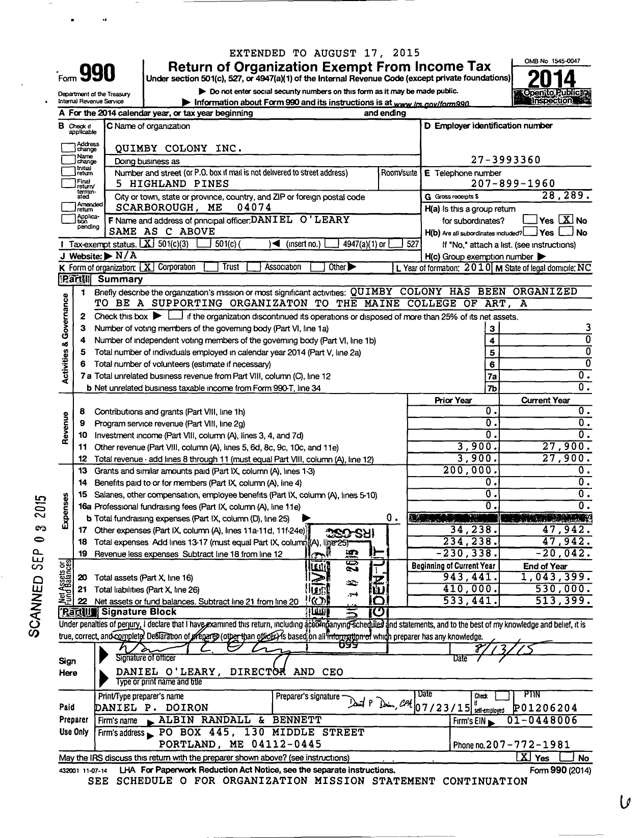 Image of first page of 2014 Form 990 for Quimby Colony