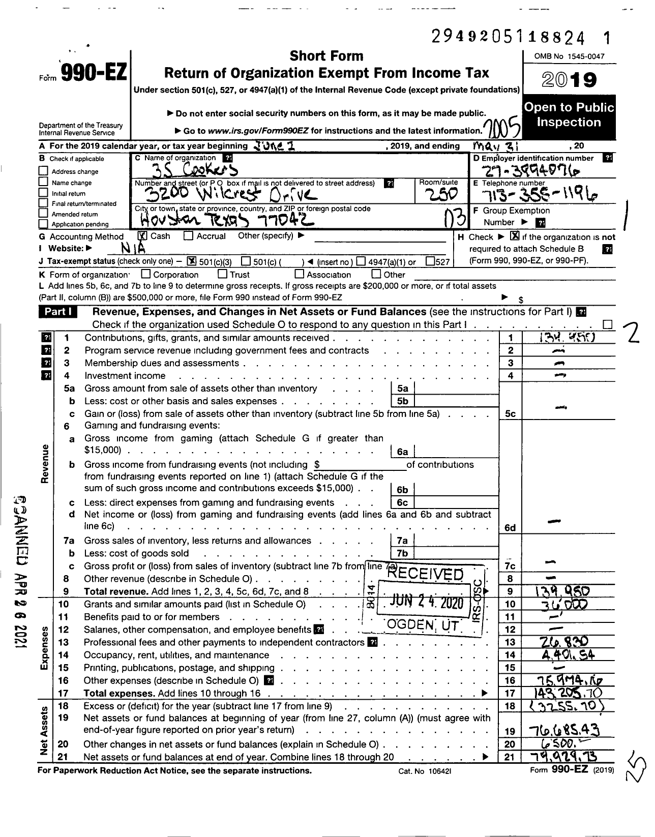 Image of first page of 2019 Form 990EZ for 3S Cookers