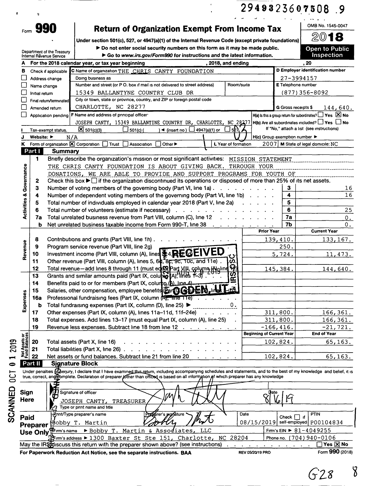 Image of first page of 2018 Form 990 for Chris Canty Foundation