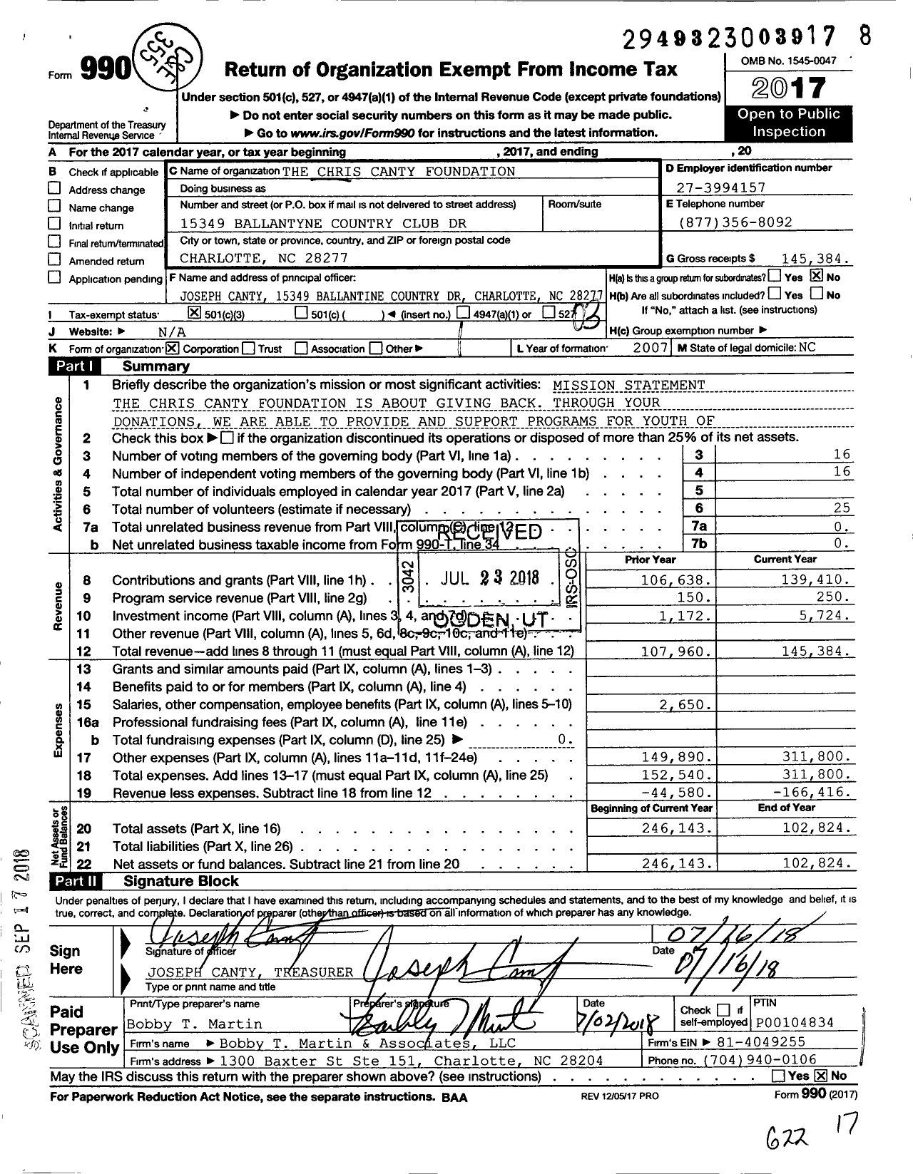 Image of first page of 2017 Form 990 for Chris Canty Foundation
