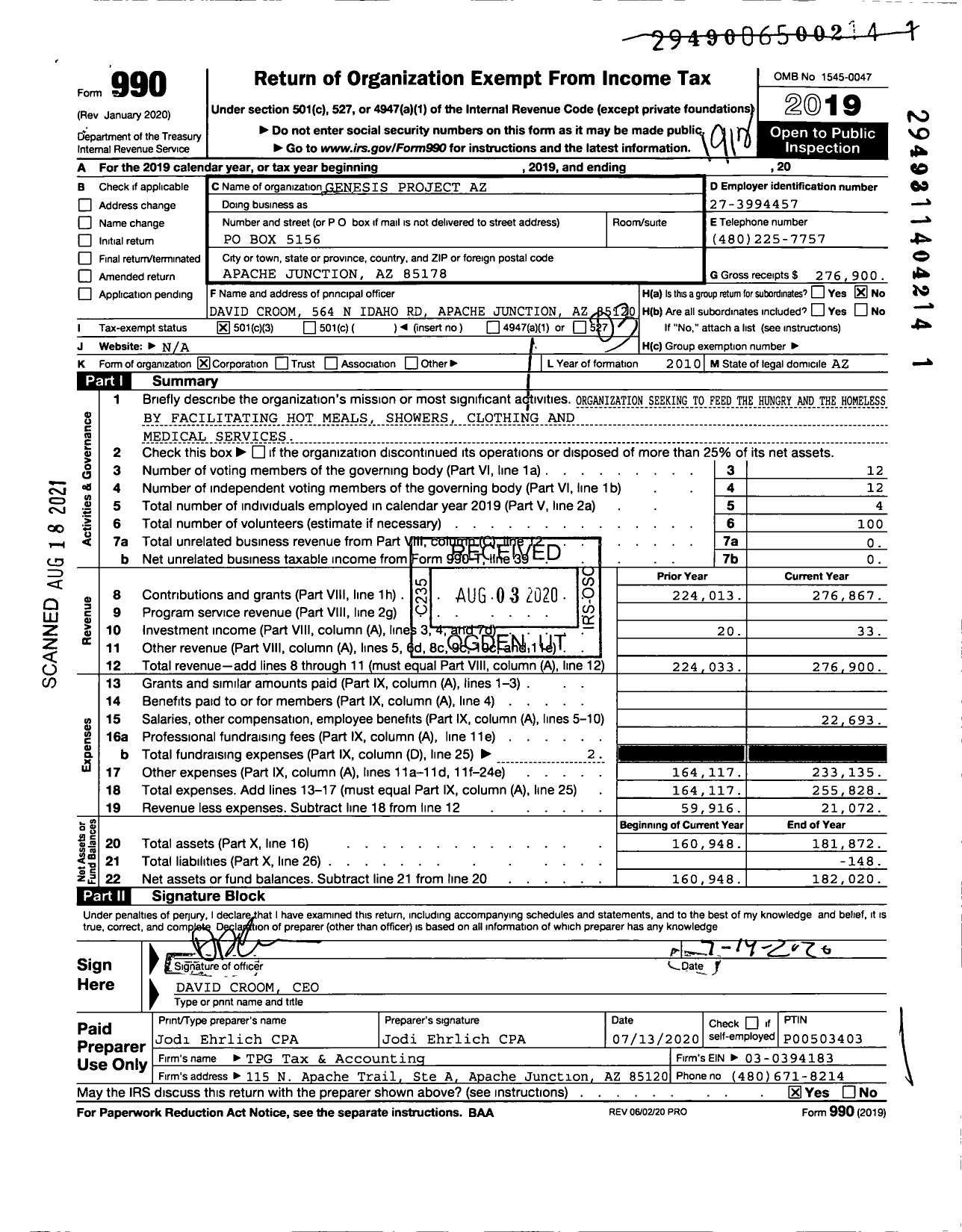 Image of first page of 2019 Form 990 for Genesis Project Az