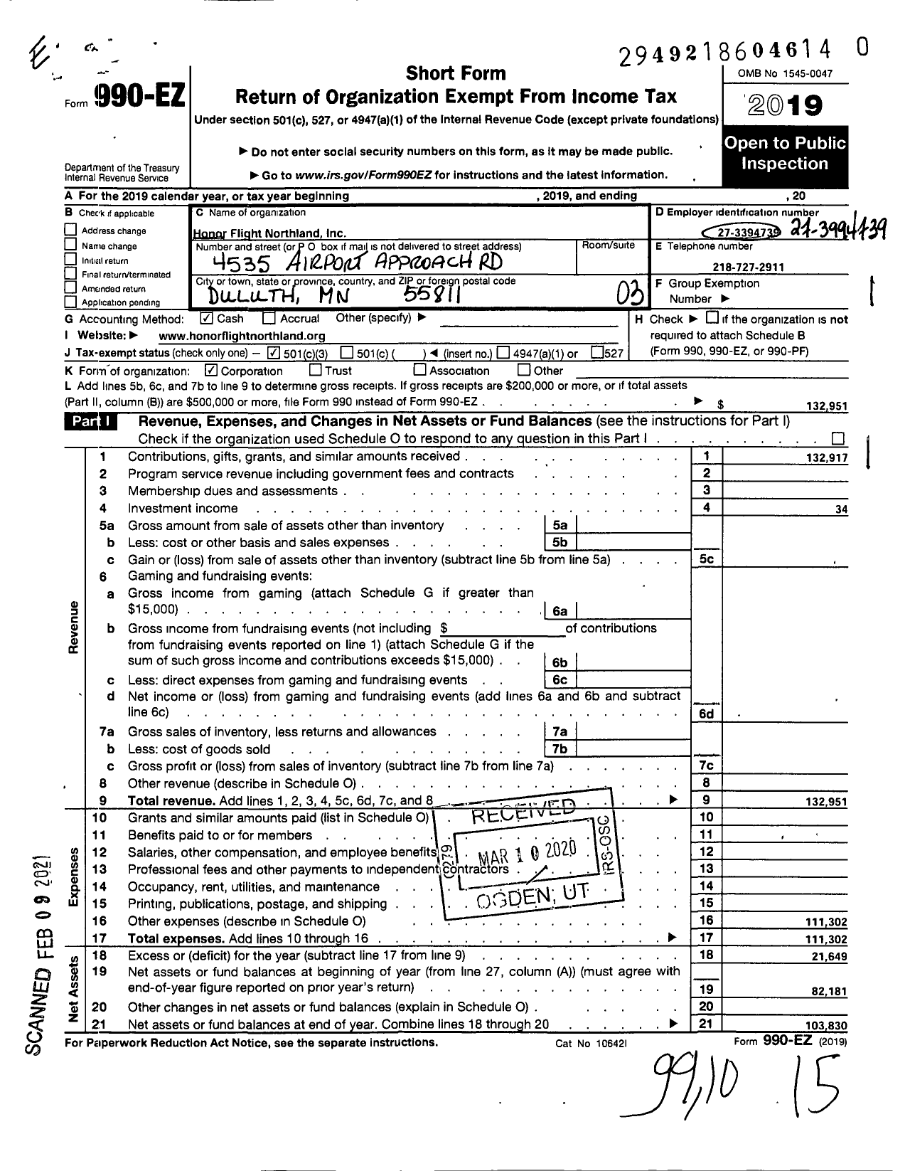 Image of first page of 2019 Form 990EZ for Honor Flight Northland