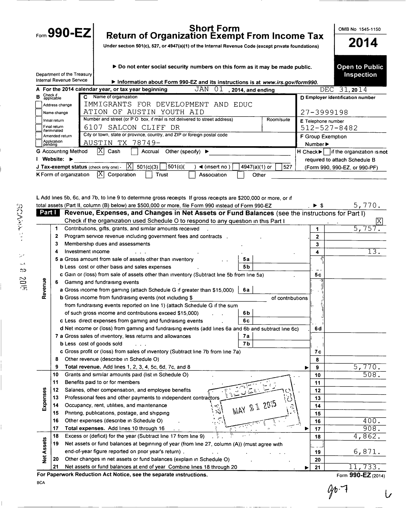 Image of first page of 2014 Form 990EZ for Immigrants for Development and Education of Austin Youth Aid