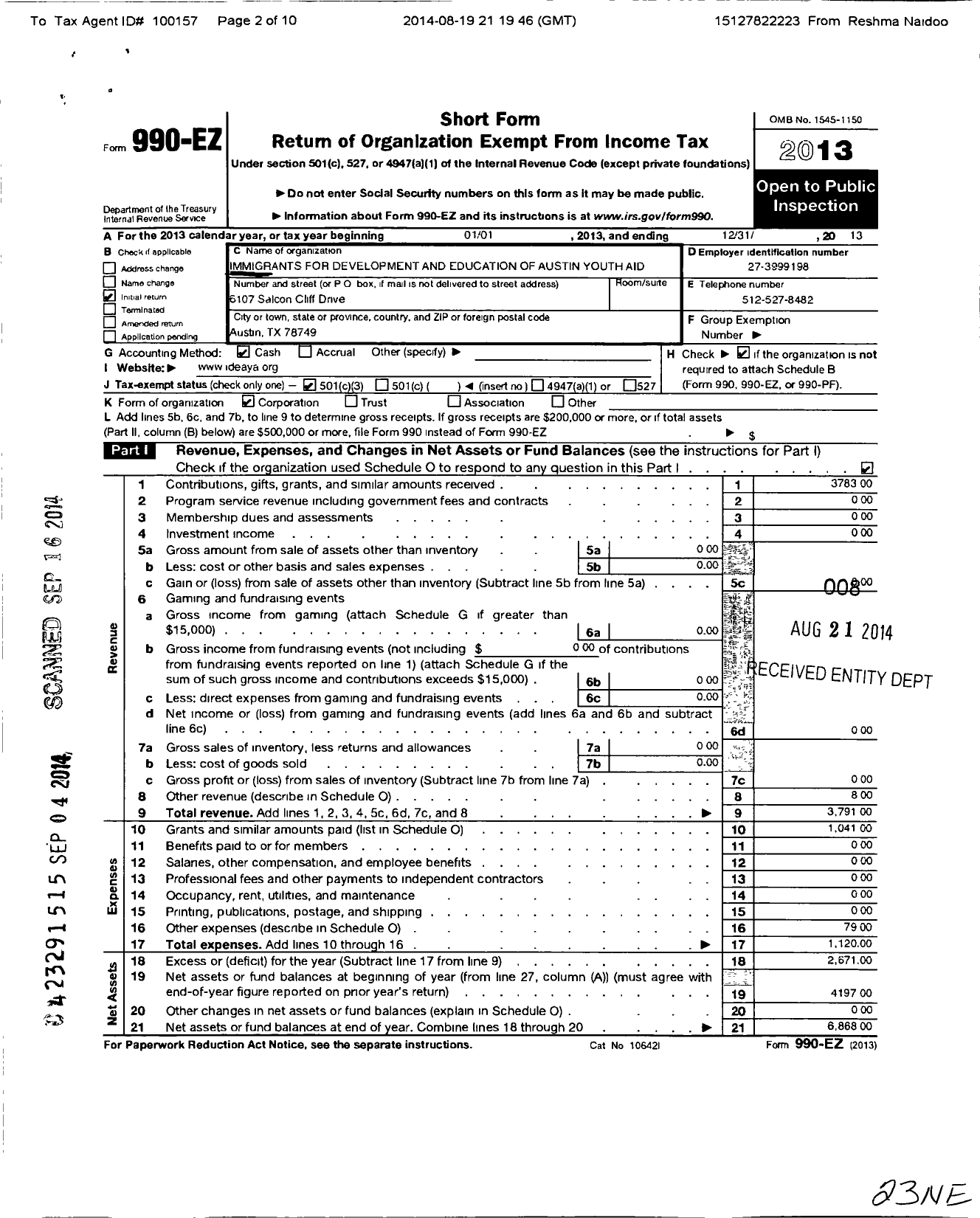 Image of first page of 2013 Form 990EZ for Immigrants for Development and Education of Austin Youth Aid