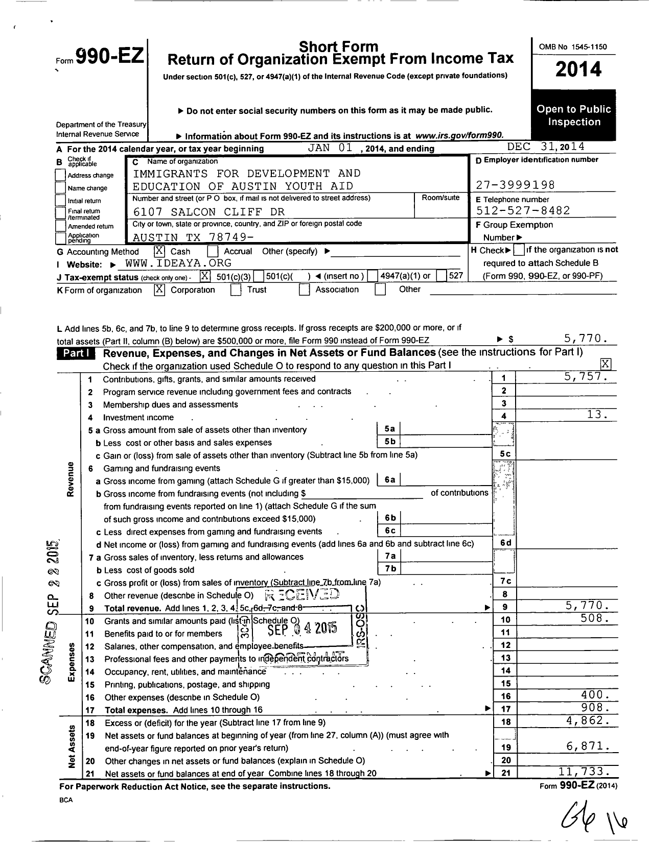 Image of first page of 2014 Form 990EZ for Immigrants for Development and Education of Austin Youth Aid