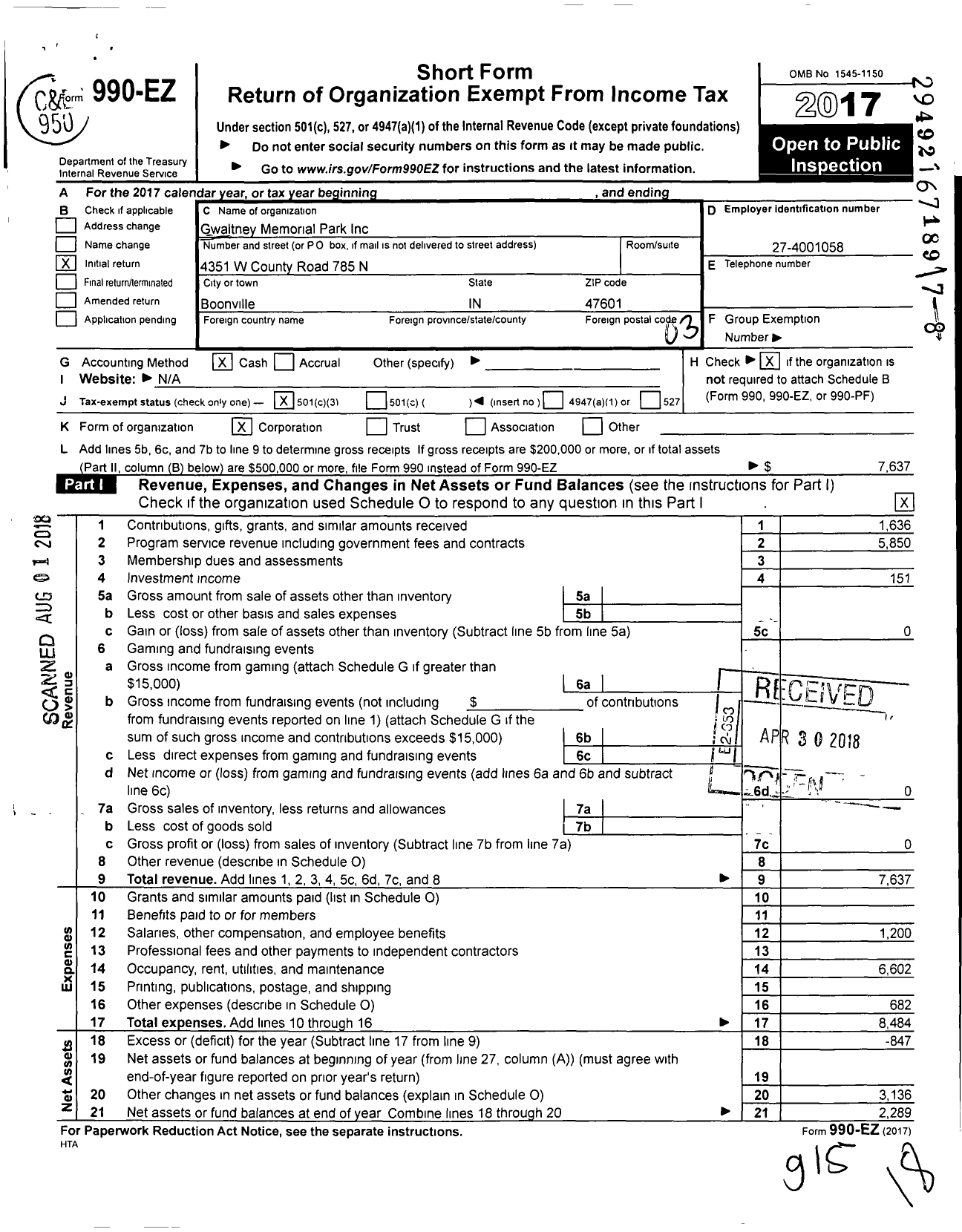 Image of first page of 2017 Form 990EZ for Gwaltney Memorial Park