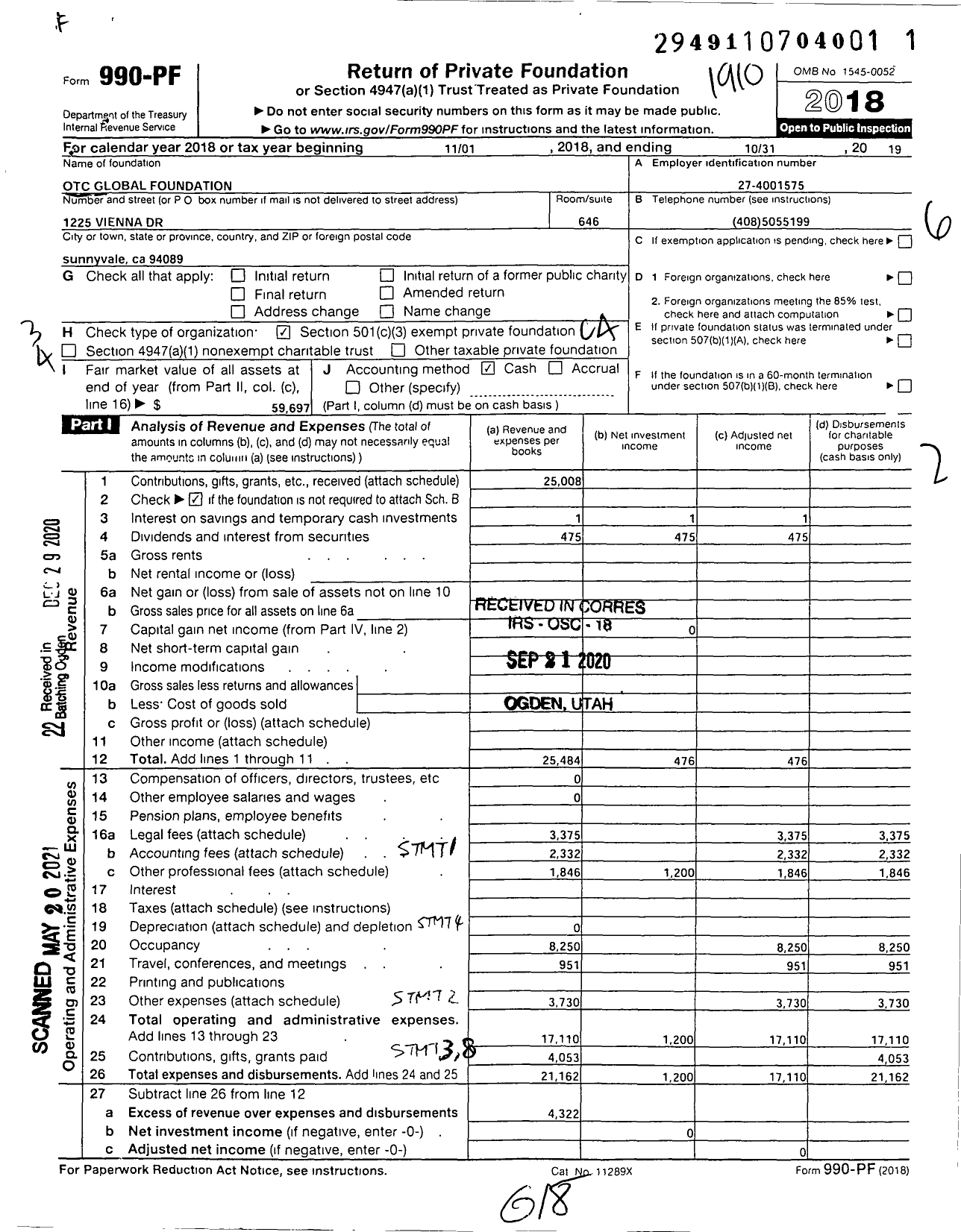 Image of first page of 2018 Form 990PF for Otc Global Foundation