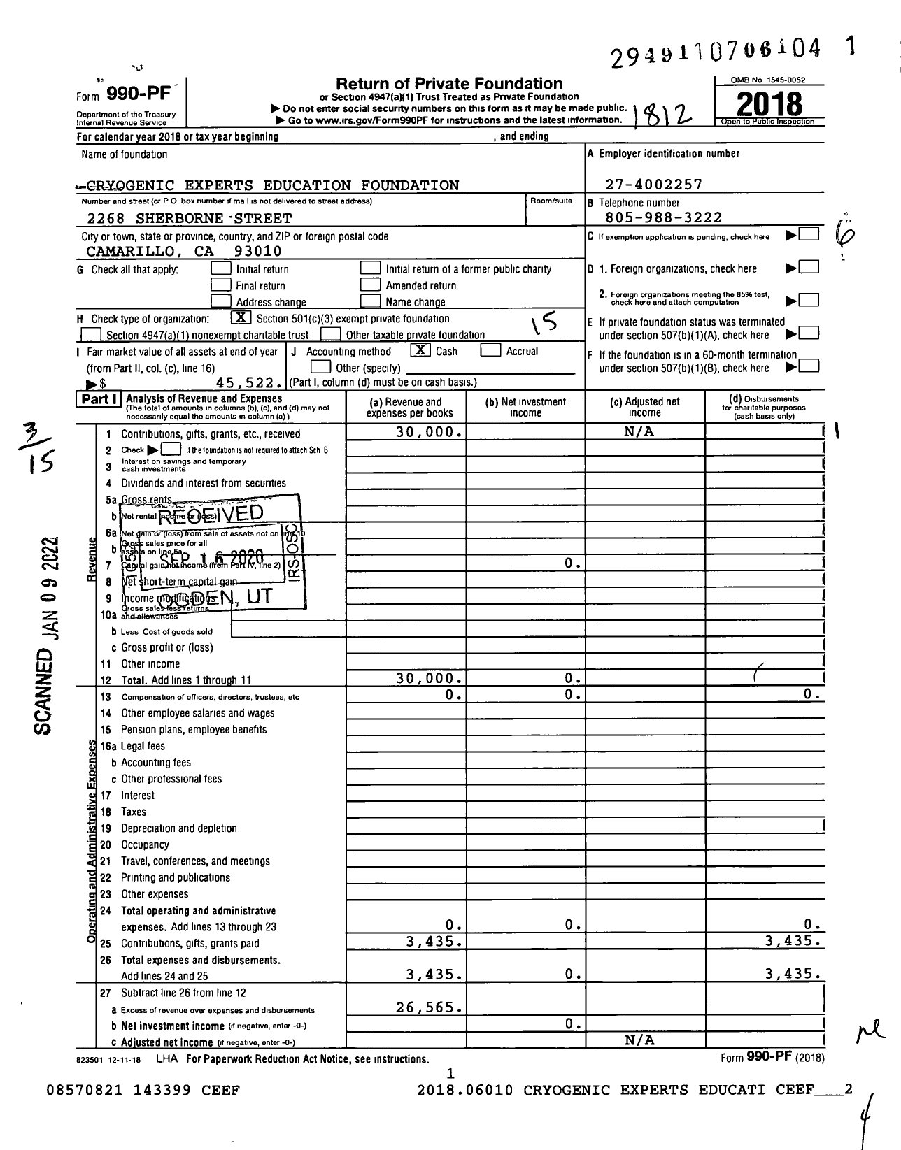 Image of first page of 2018 Form 990PF for Cryogenic Experts Education Foundation