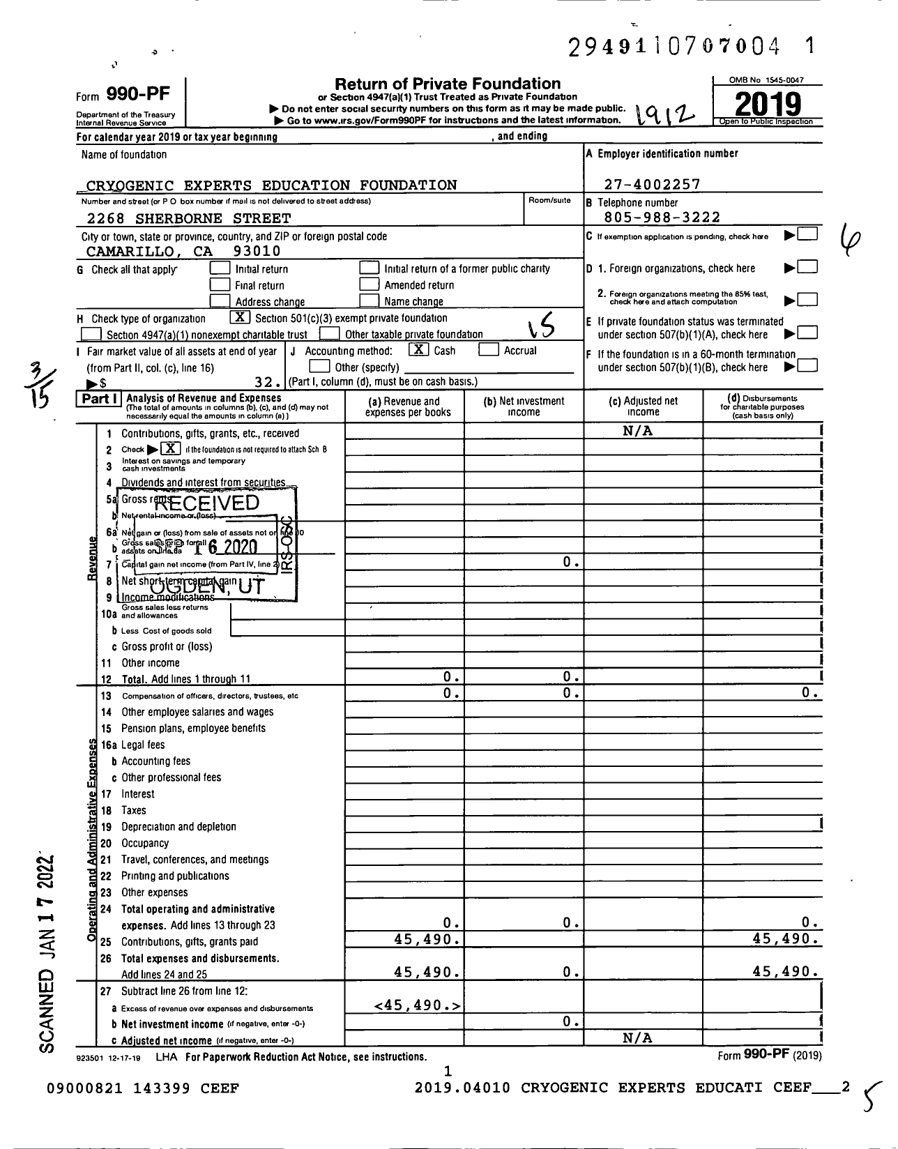 Image of first page of 2019 Form 990PF for Cryogenic Experts Education Foundation