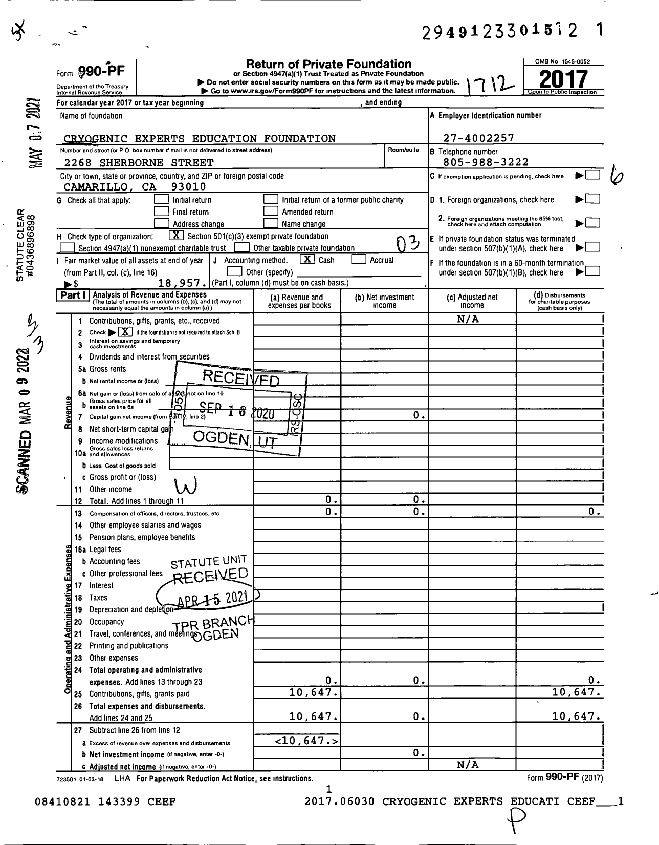 Image of first page of 2017 Form 990PF for Cryogenic Experts Education Foundation