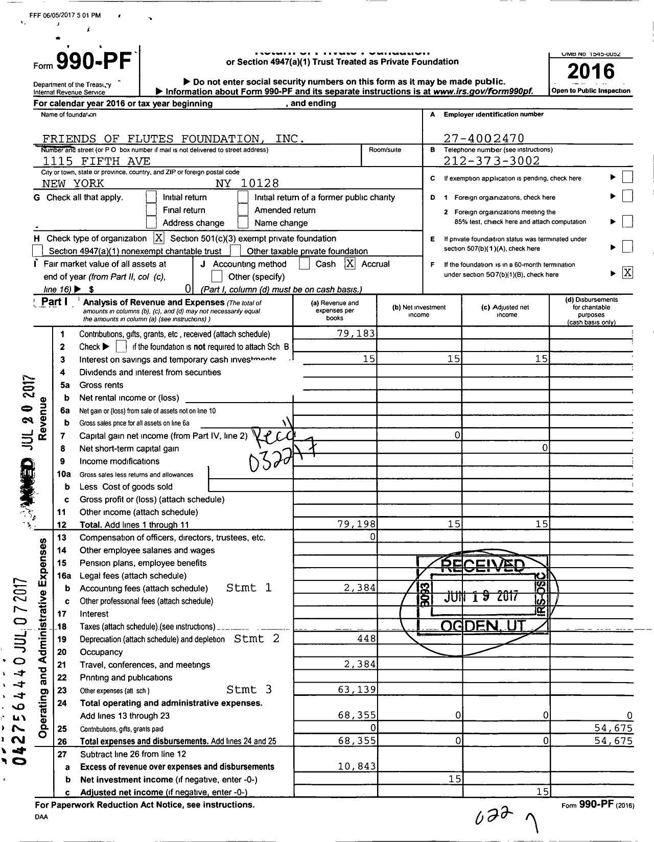 Image of first page of 2016 Form 990PF for Friends of Flutes Foundation