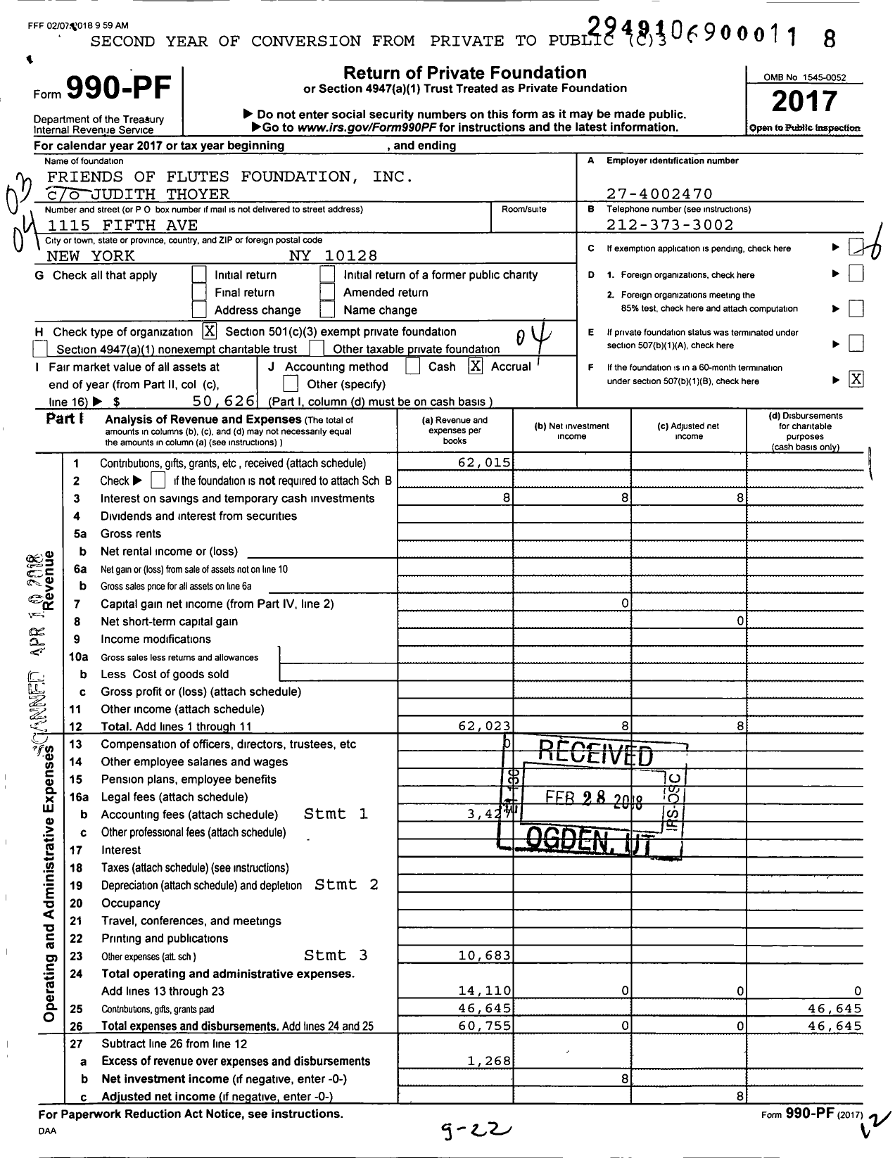 Image of first page of 2017 Form 990PF for Friends of Flutes Foundation