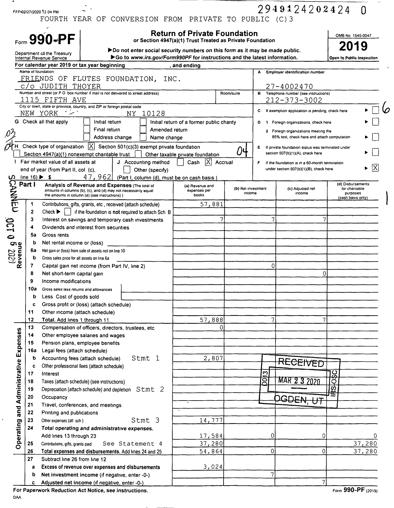 Image of first page of 2019 Form 990PR for Friends of Flutes Foundation