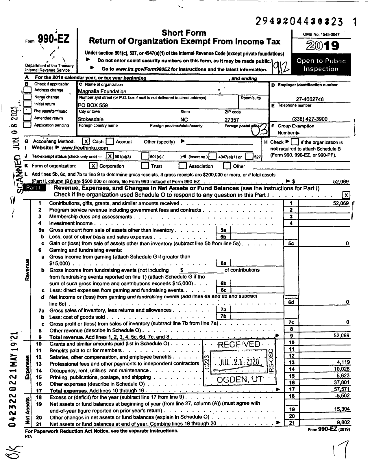 Image of first page of 2019 Form 990EZ for Magnalia Homestead Foundation James P Van Eerden