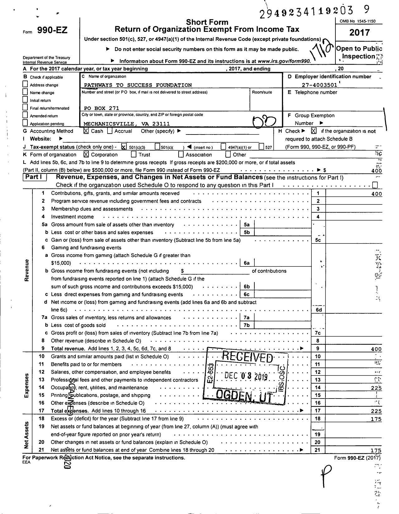 Image of first page of 2017 Form 990EZ for Pathways To Success Foundation