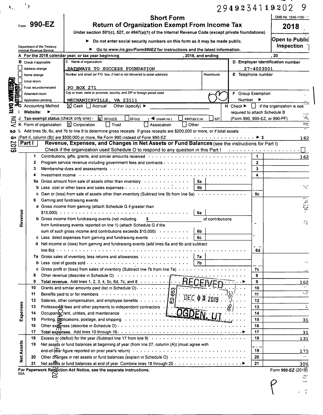 Image of first page of 2018 Form 990EZ for Pathways To Success Foundation