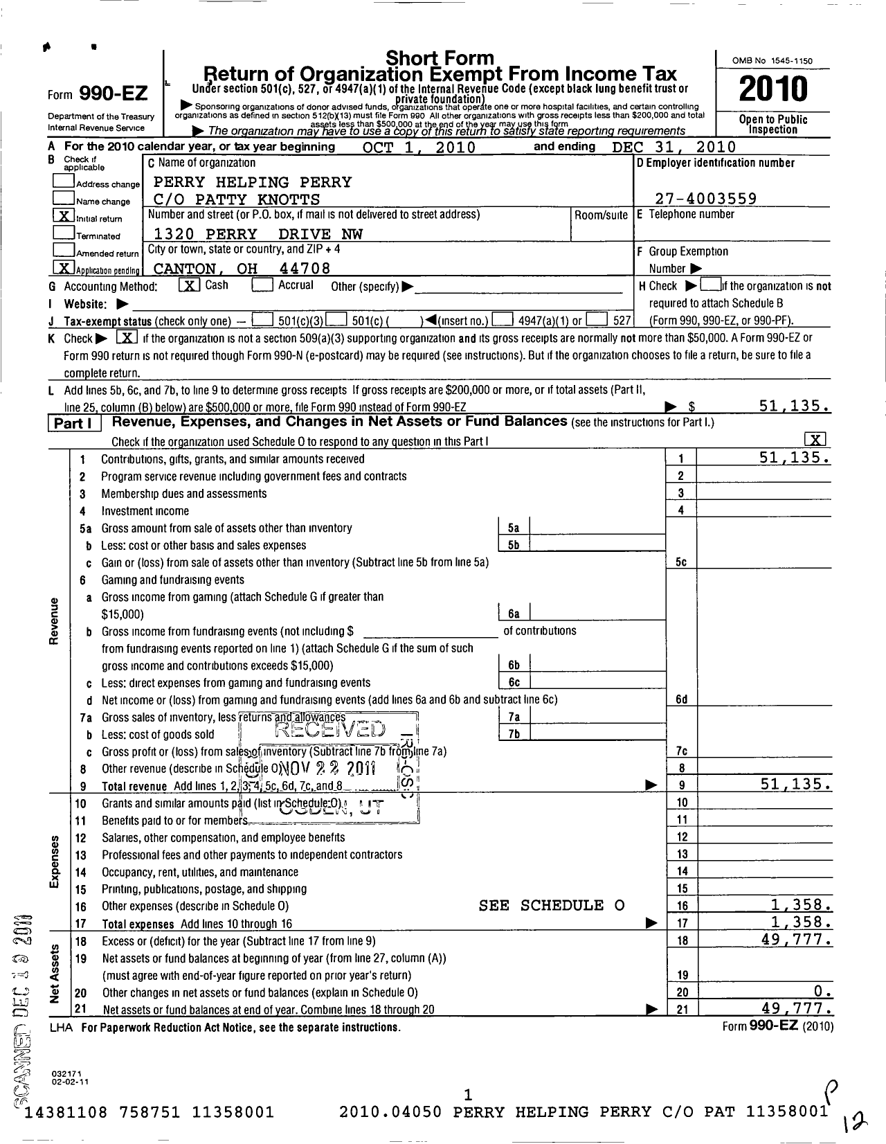 Image of first page of 2010 Form 990EO for Perry Helping Perry