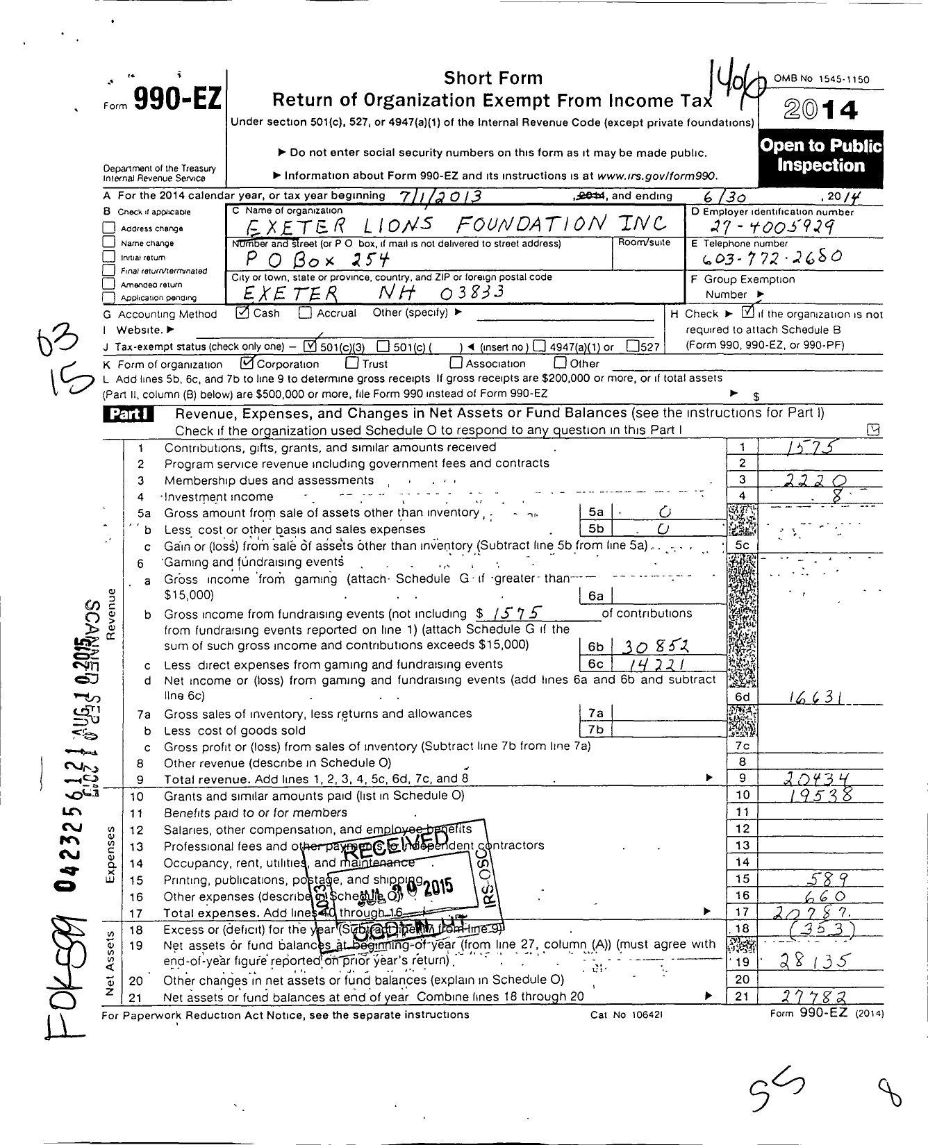 Image of first page of 2013 Form 990EZ for Exeter Lions Foundation