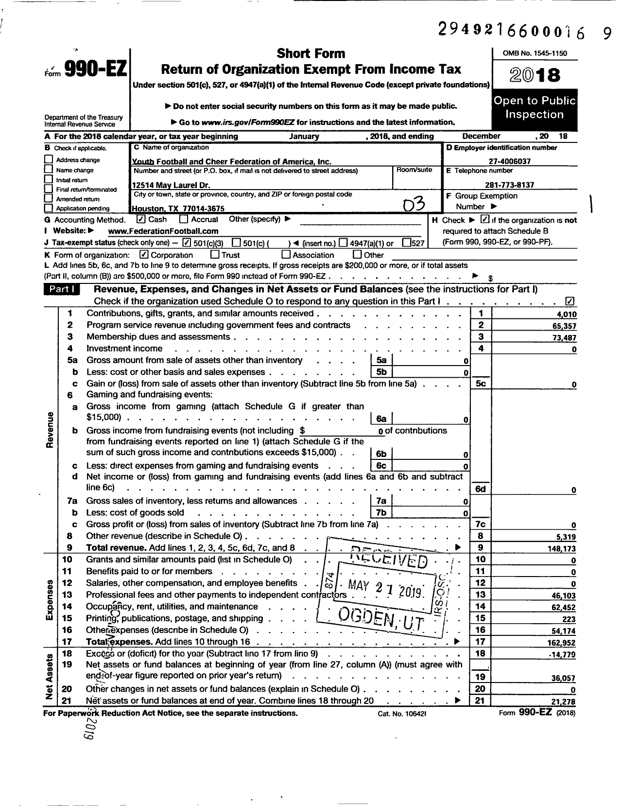 Image of first page of 2018 Form 990EZ for Youth Football and Cheer Federation of America