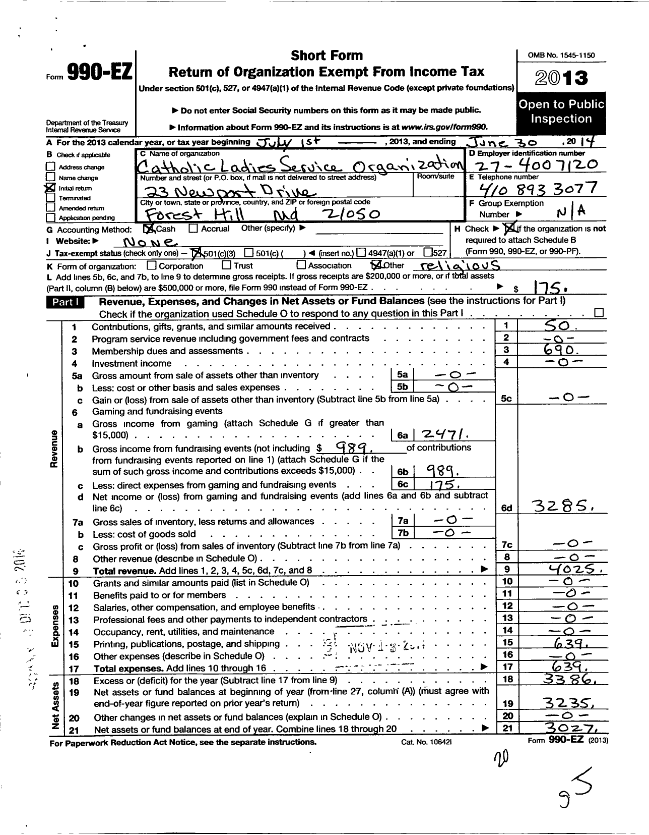 Image of first page of 2013 Form 990EZ for Catholic Ladies Service Organization