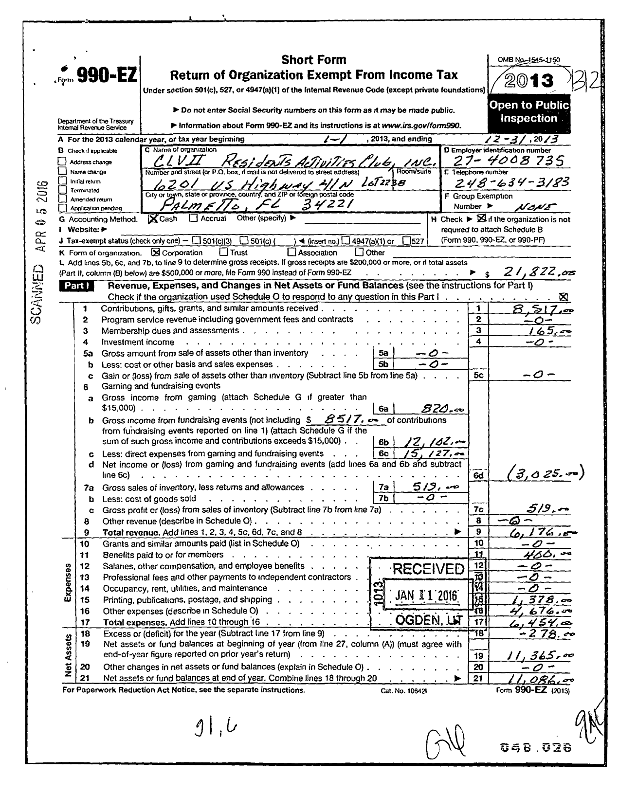 Image of first page of 2013 Form 990EO for Clvii Residents Activities Club