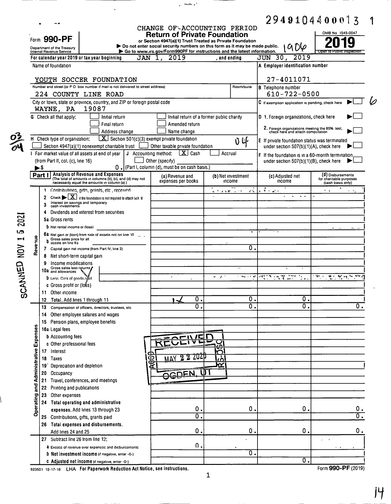 Image of first page of 2018 Form 990PF for Youth Soccer Foundation