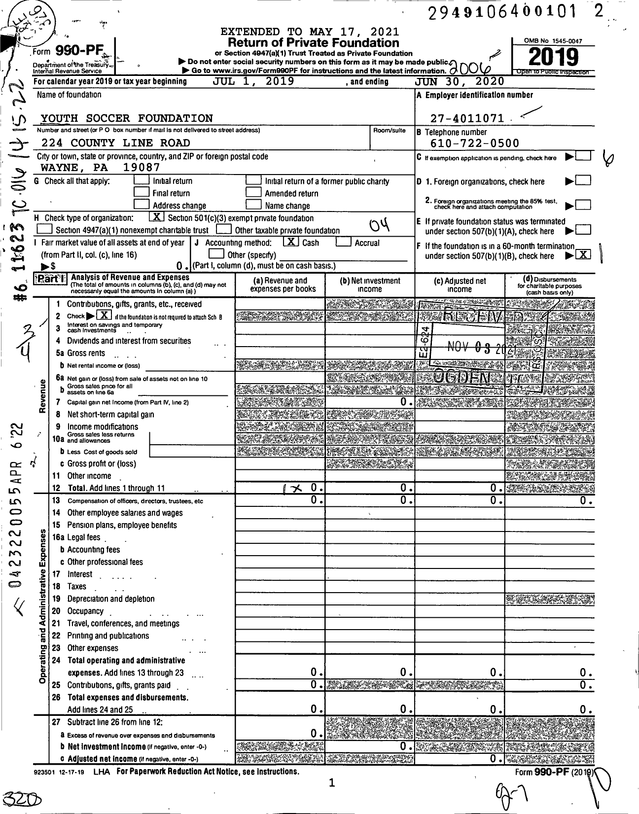 Image of first page of 2019 Form 990PF for Youth Soccer Foundation