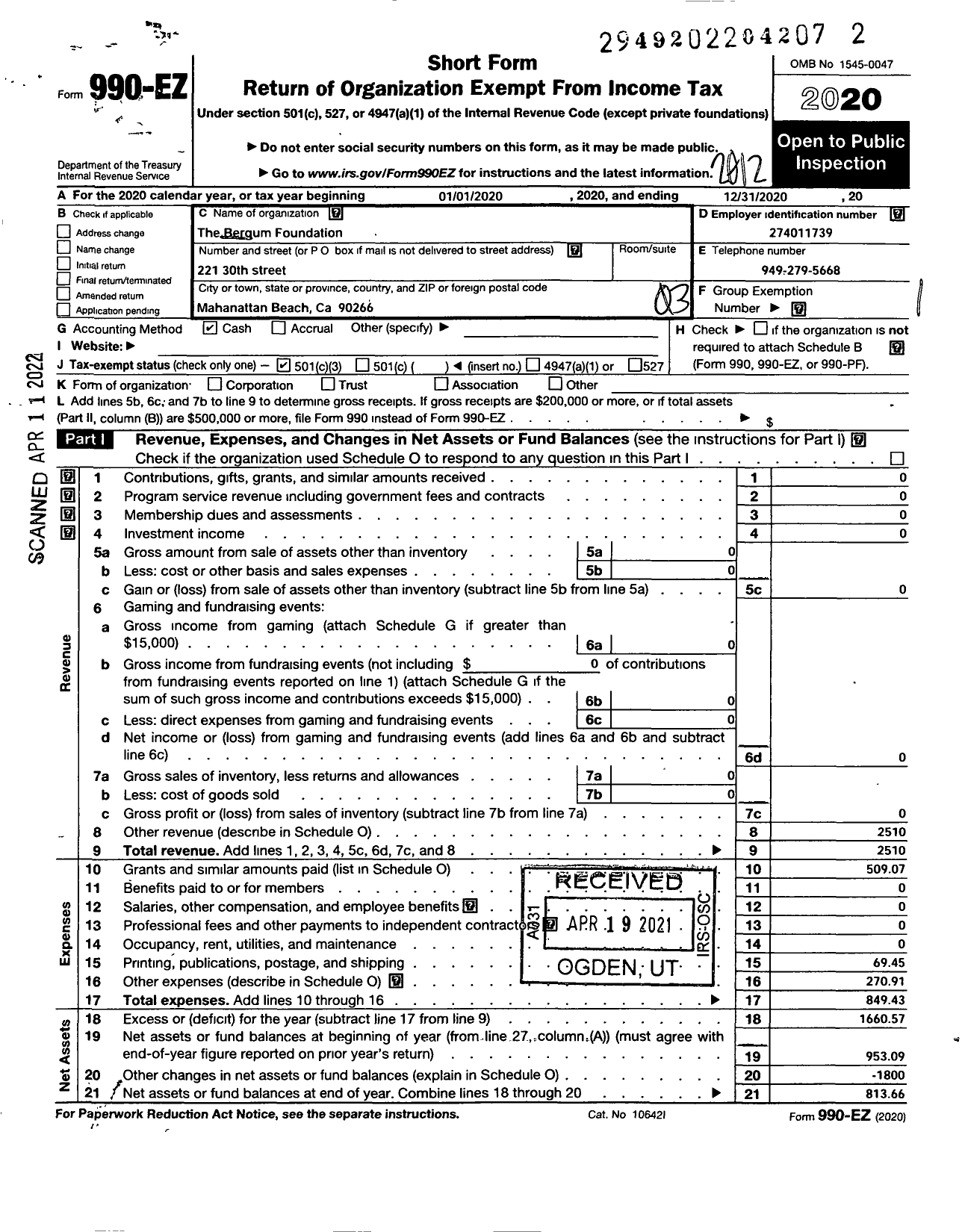 Image of first page of 2020 Form 990EZ for Bergum Family Foundation