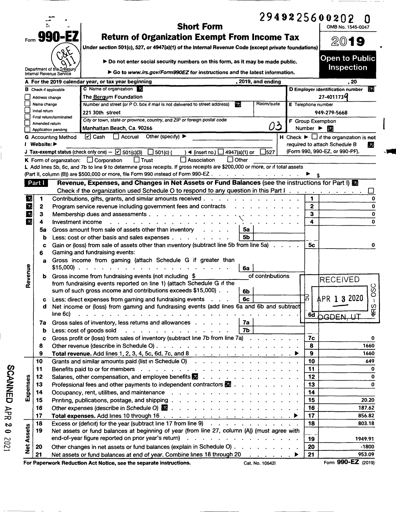 Image of first page of 2019 Form 990EZ for Bergum Family Foundation