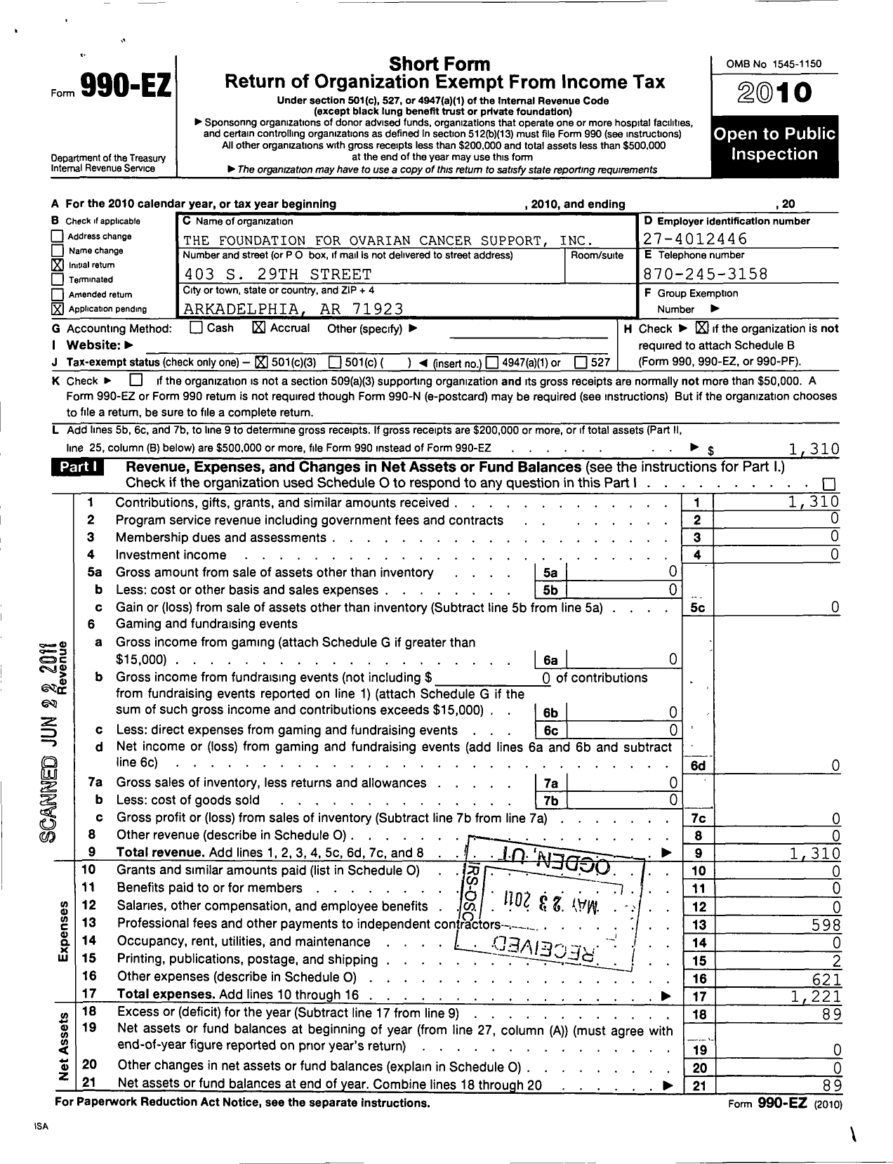 Image of first page of 2010 Form 990EZ for Foundation for Ovarian Cancer Support