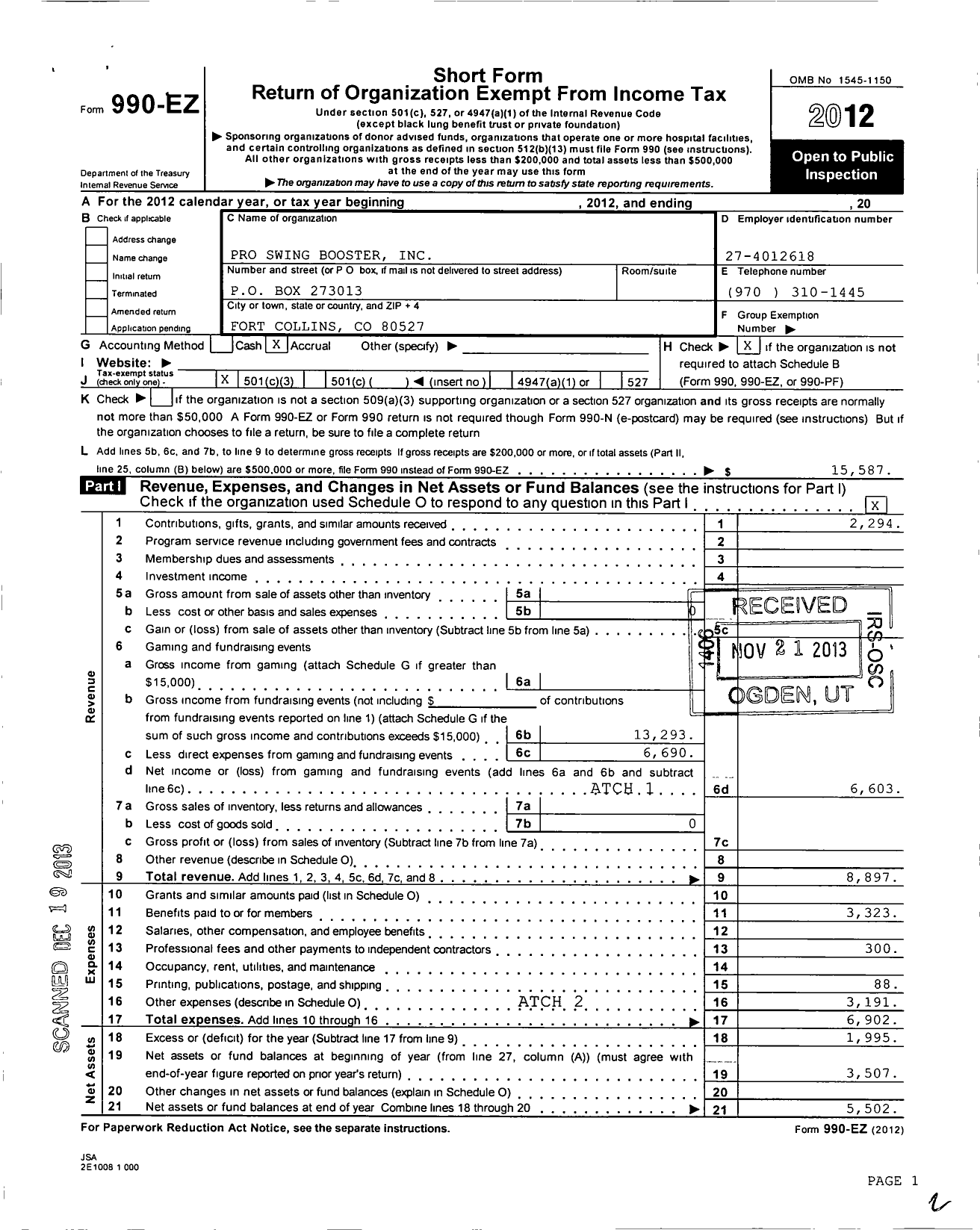 Image of first page of 2012 Form 990EZ for Pro Swing Boosters