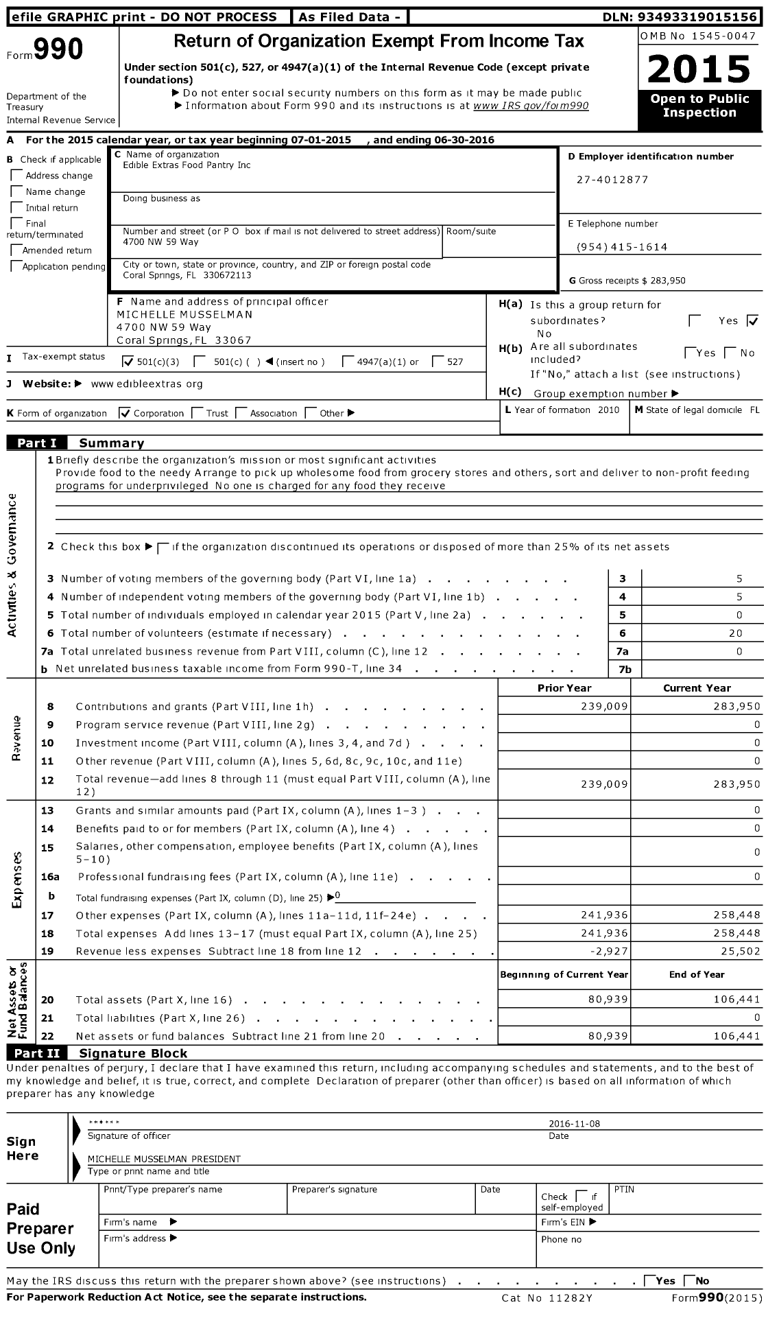 Image of first page of 2015 Form 990 for Edible Extras Food Pantry