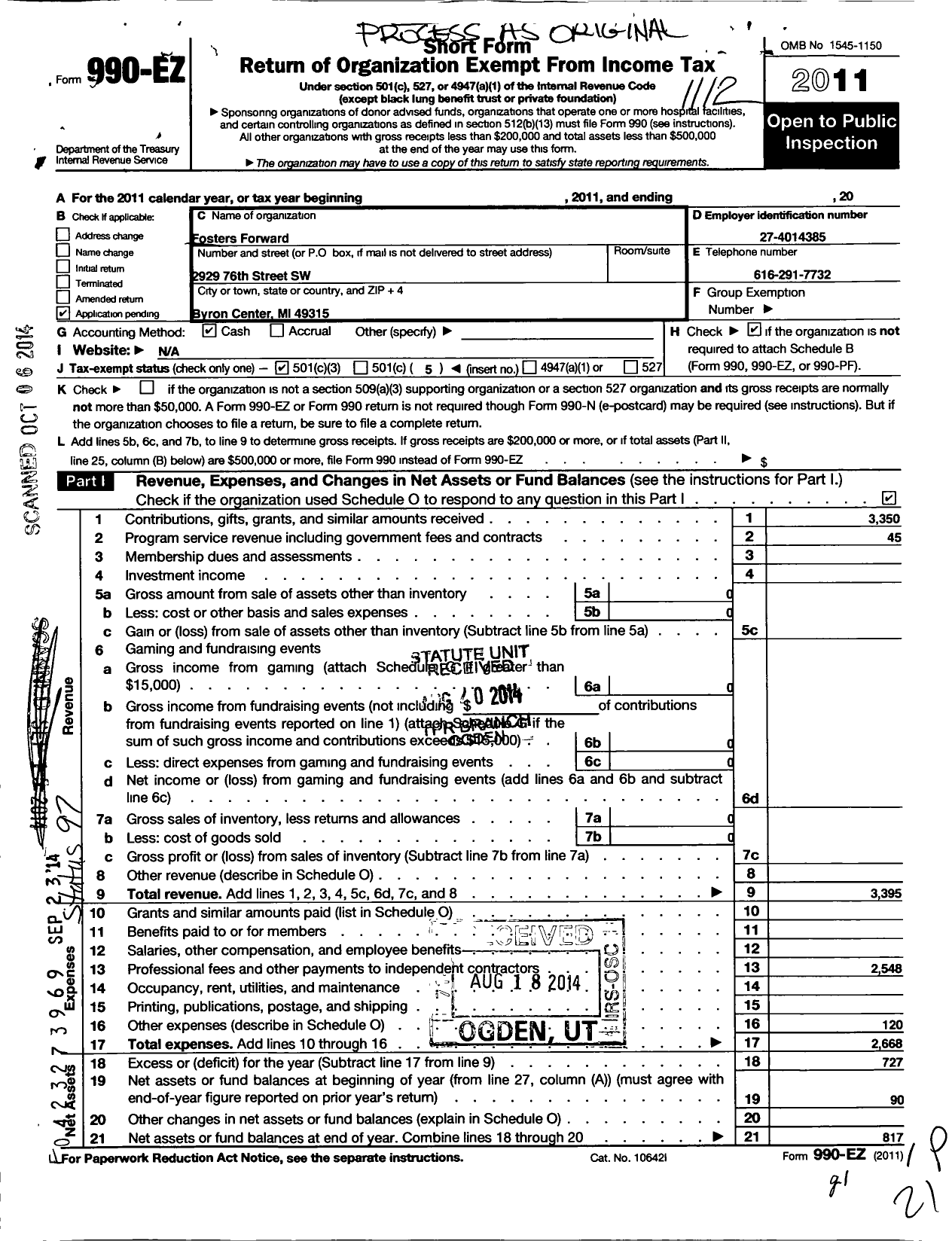 Image of first page of 2011 Form 990EO for Fosters Forward