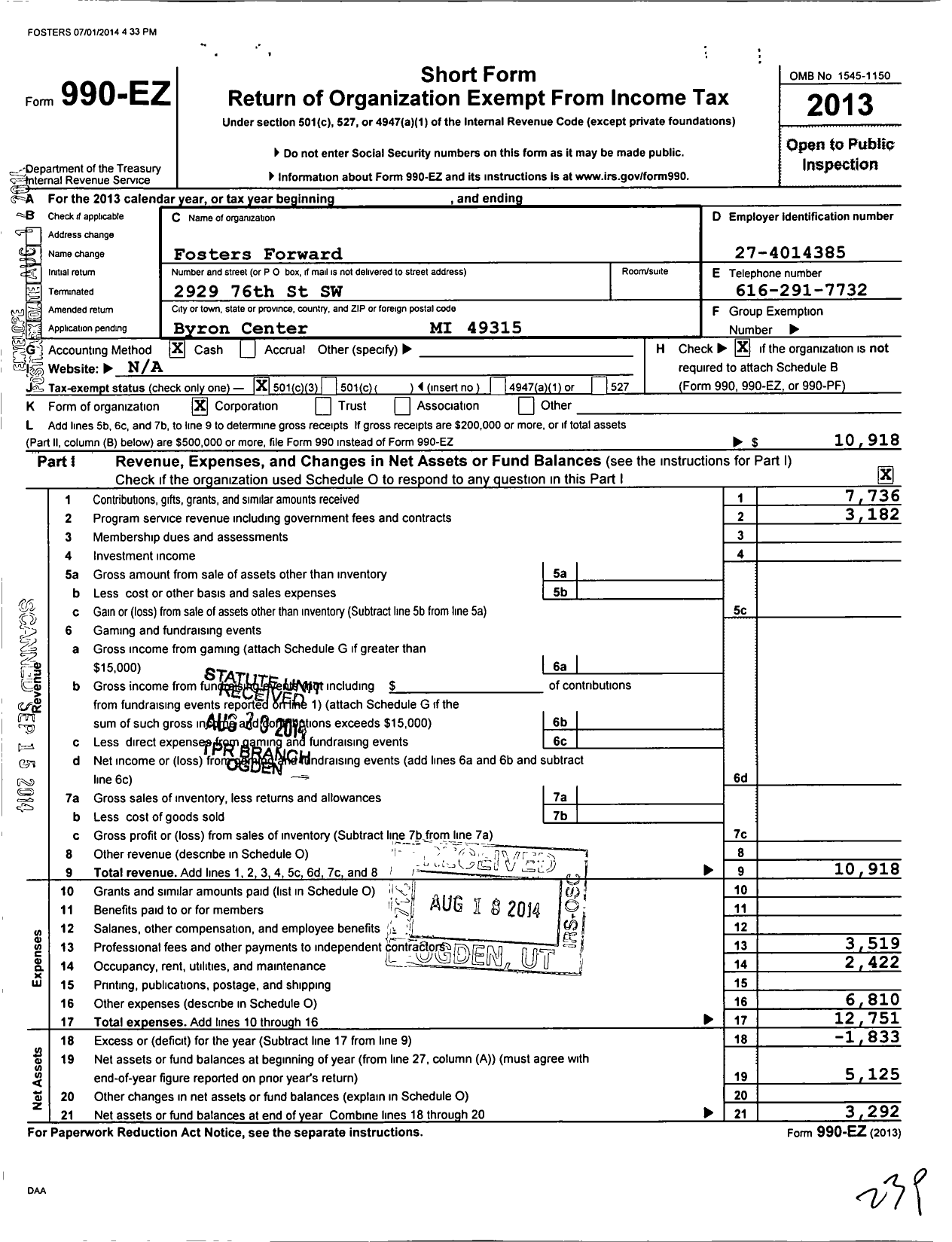 Image of first page of 2013 Form 990EZ for Fosters Forward