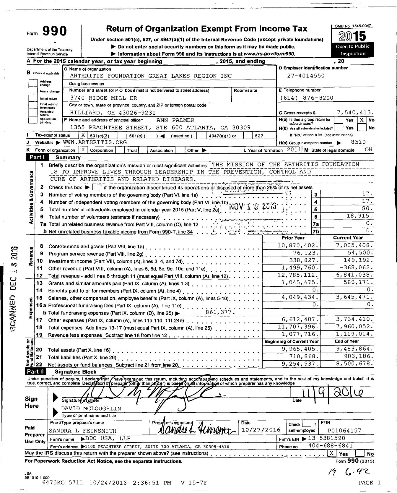 Image of first page of 2015 Form 990 for Arthritis Foundation Great Lakes Region