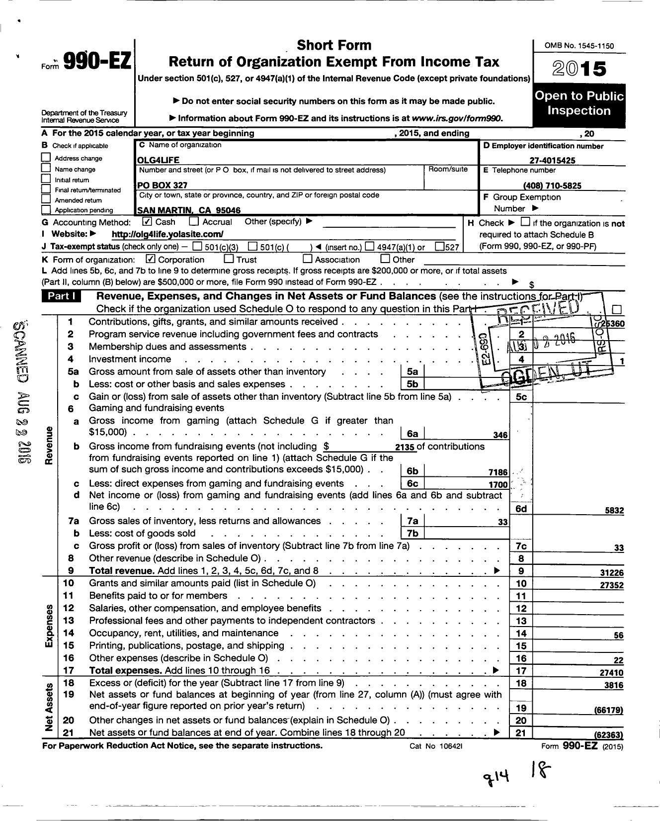 Image of first page of 2015 Form 990EO for OLG4Life