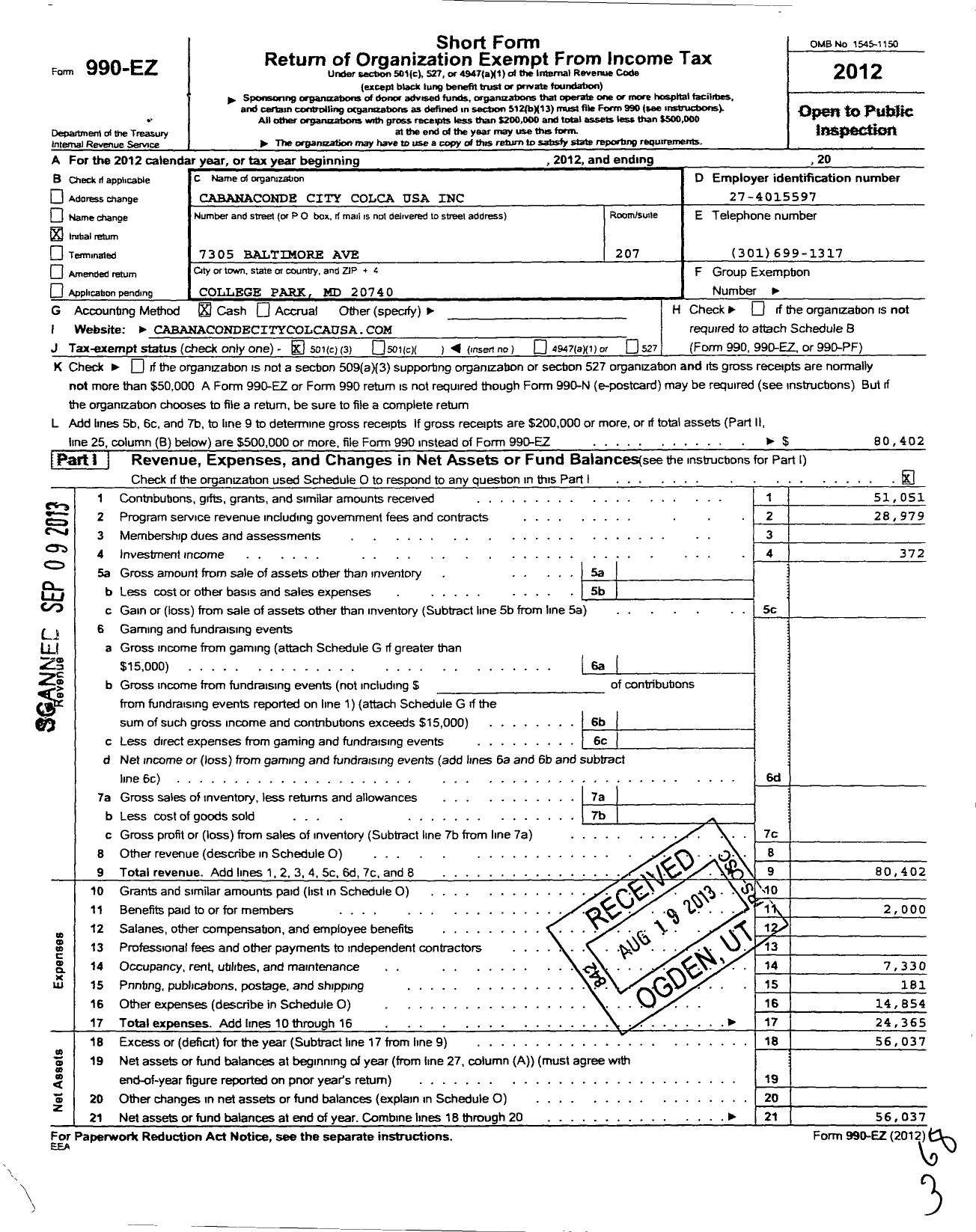 Image of first page of 2012 Form 990EZ for Cabanaconde City Colca USA