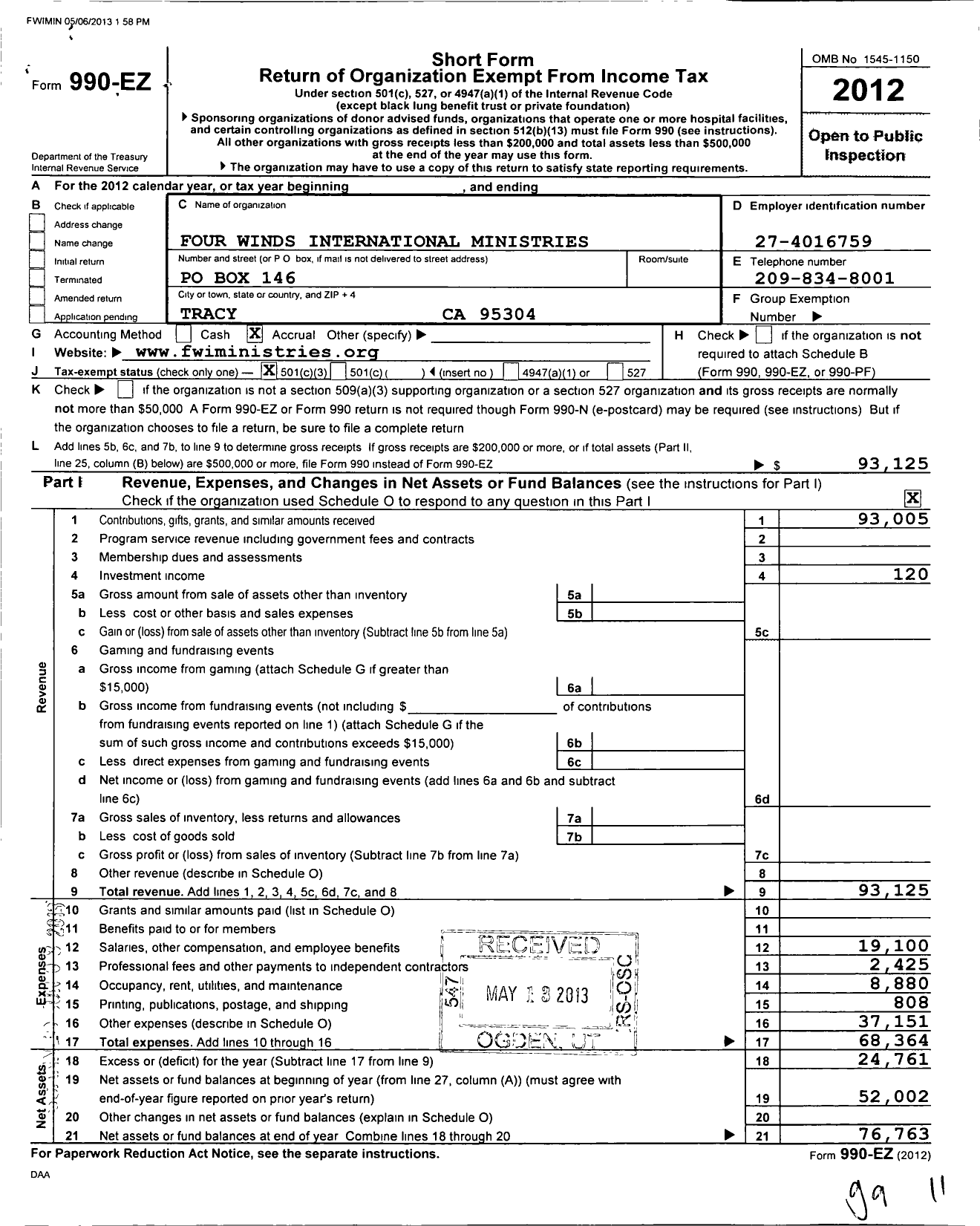 Image of first page of 2012 Form 990EZ for Ezekiel 37