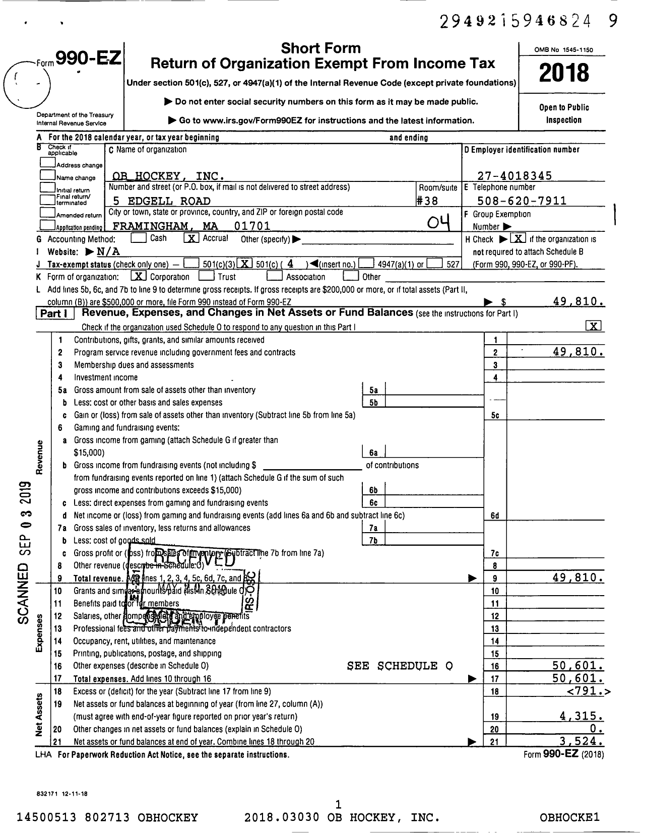 Image of first page of 2018 Form 990EO for OB Hockey